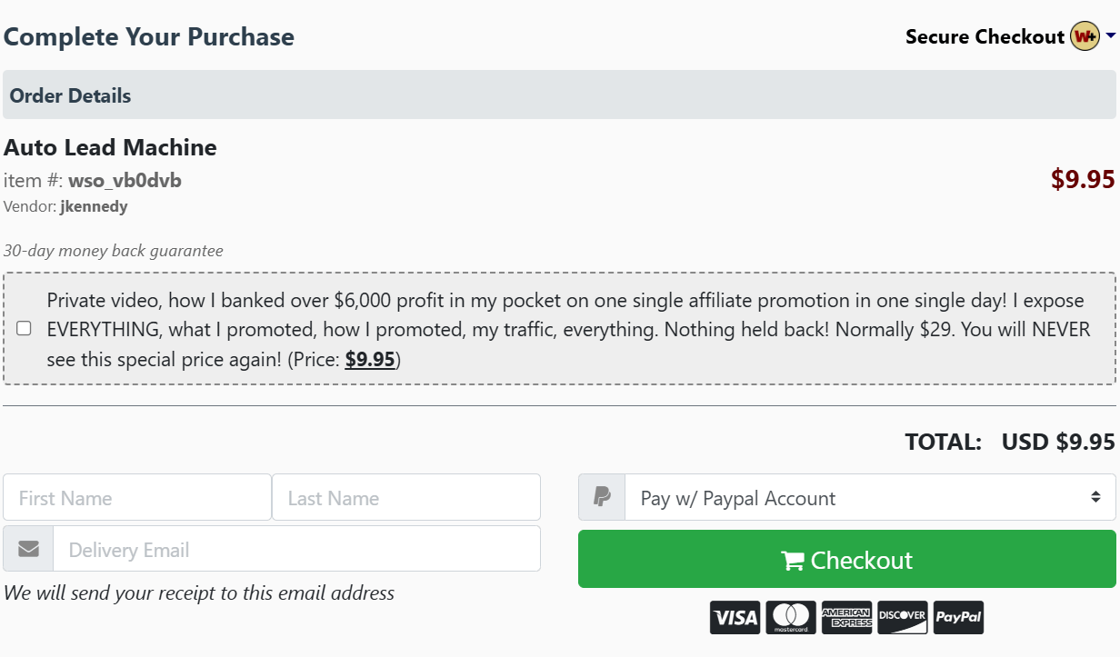 Auto Lead Machine Checkout Page